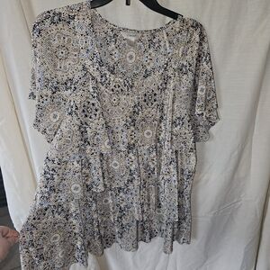 CJ Banks Women's Black and Cream Patterned Blouse